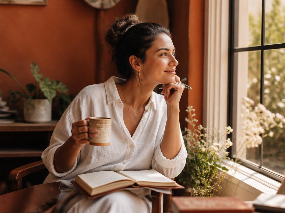 An employee reflecting on personal growth with a notebook and coffee